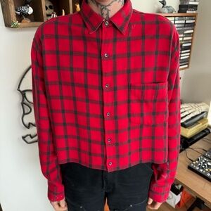Vintage 80s Gap Red & Black Windowpane Plaid Cropped Boxy Flannel - Size Medium